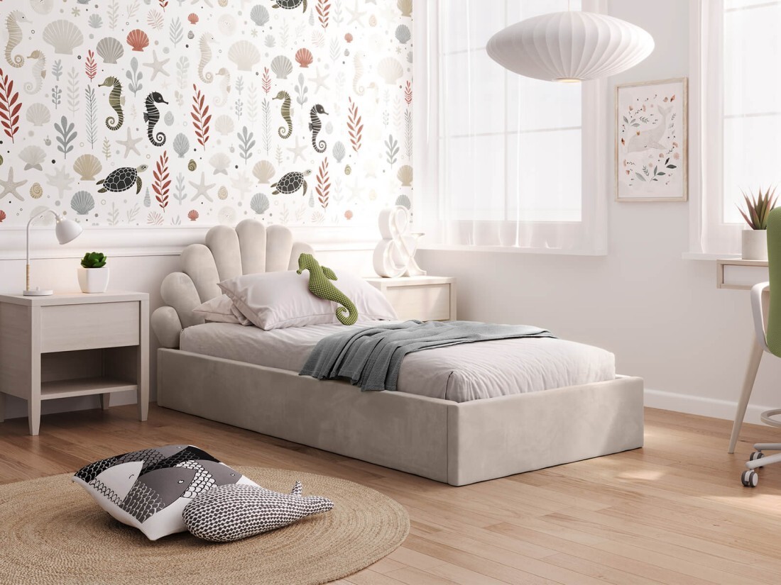 Tapecirani dječji krevet 90x200 s okvirom školjka