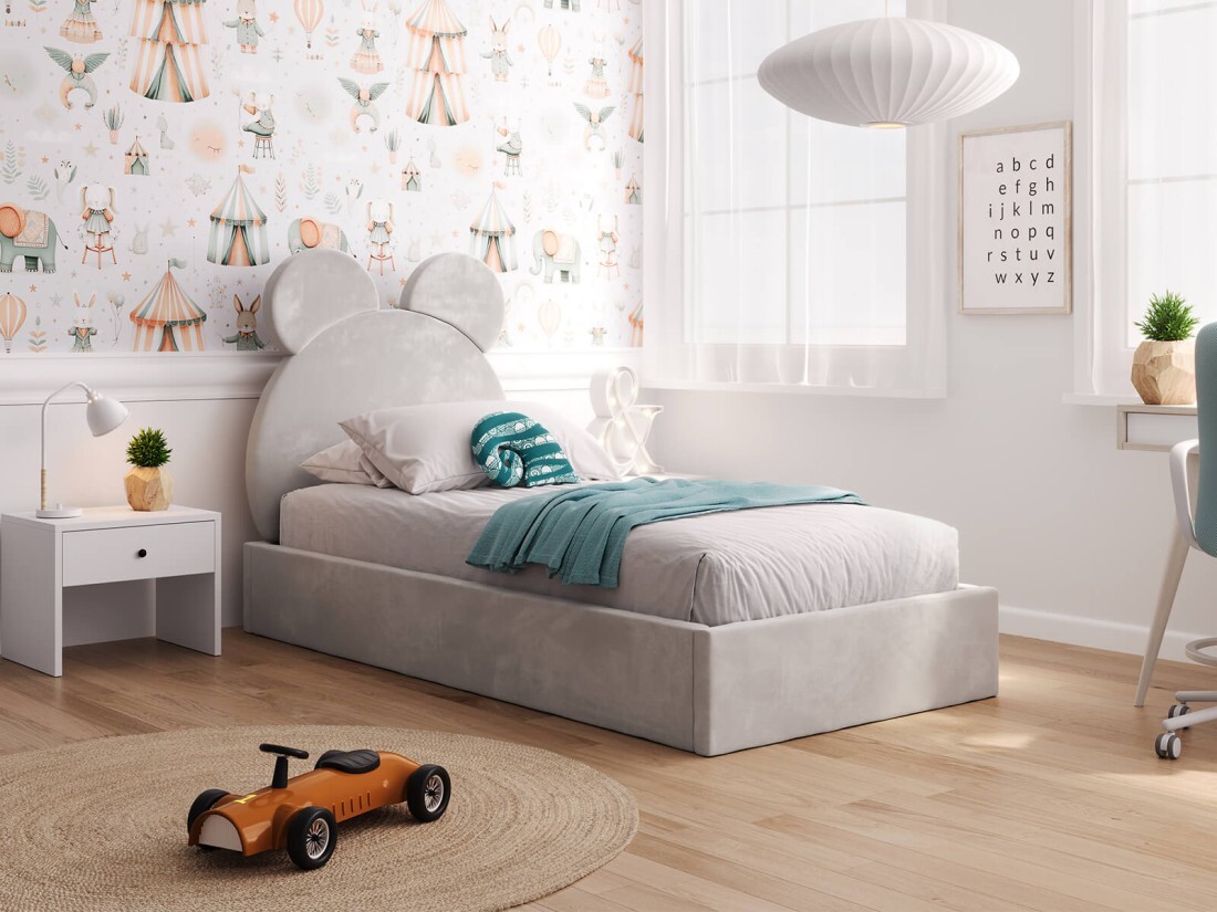 Tapecirani dječji krevet 90x200 sa sivim okvirom
